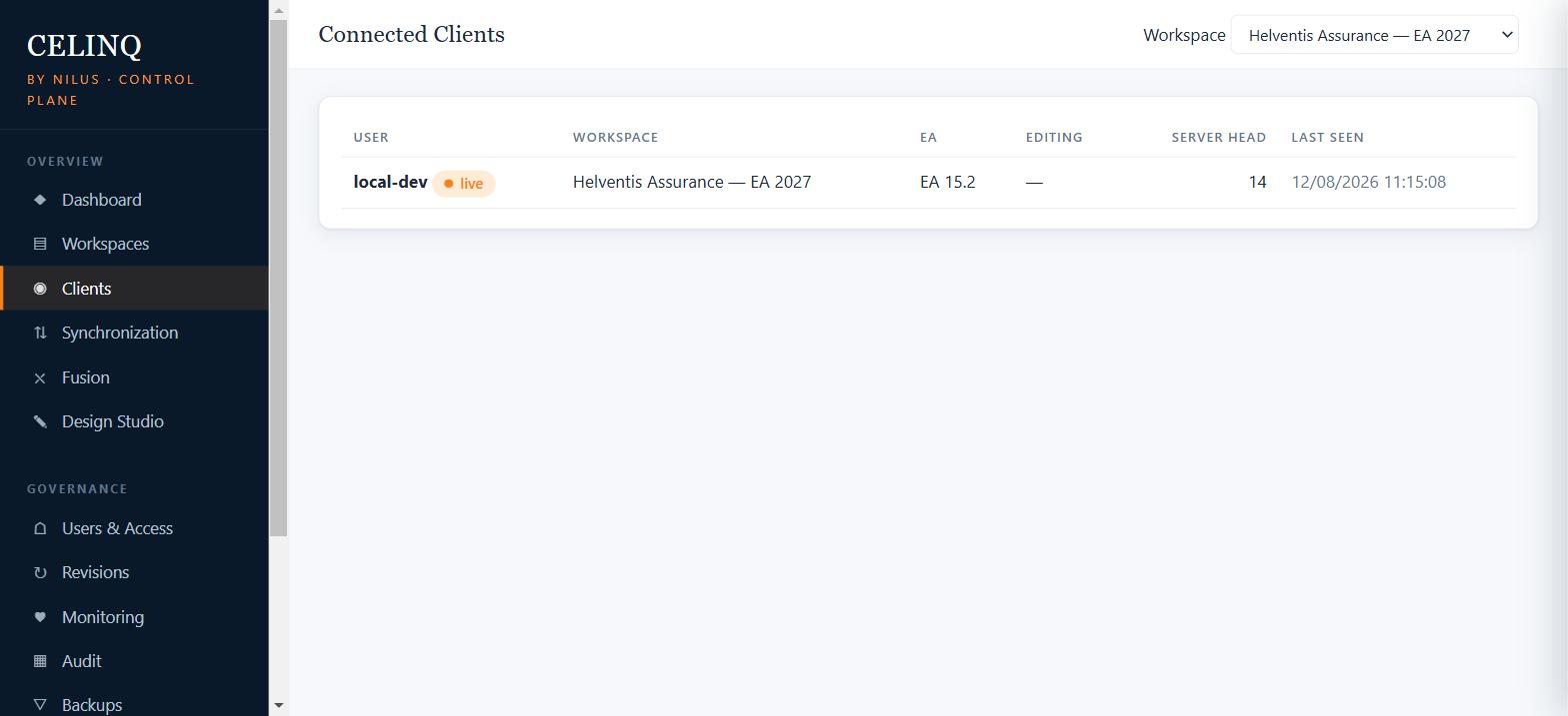 CelinQ Control Plane Connected Clients view listing live Enterprise Architect clients with server head revision and last-seen time, on a demonstration workspace