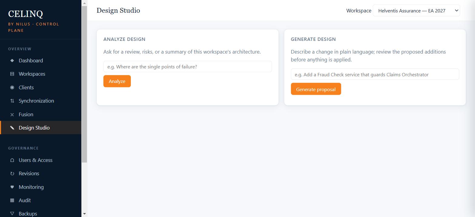 CelinQ Control Plane Design Studio showing the Analyze Design and Generate Design capability cards