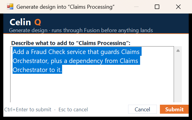 The Generate into Selected Package dialog in the CelinQ EA add-in, with a target package chosen and a plain-language architecture description entered